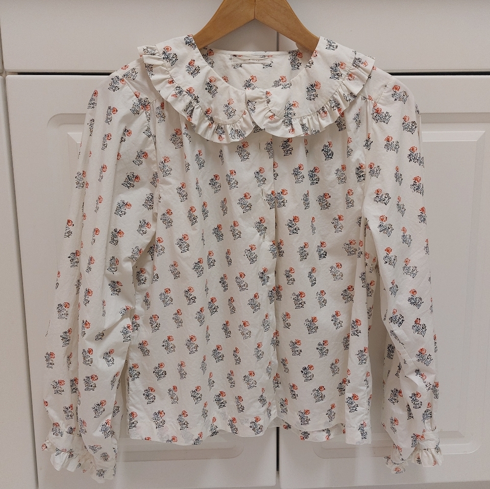 Doen Cream Floral Ruffle-Collar Blouse with Orange and Blue Print